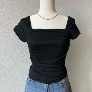 Edgy Black Ruched Bodice Short Sleeve Top - Slim Fit M
